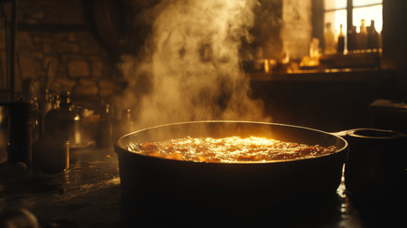 A serene cooking scene showcases steam rising from a pot in a rustic kitchen, illuminated by soft natural light, creating a cozy and inviting atmosphere.の素材