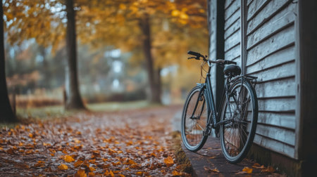 A vintage bicycle rests against a wooden wall in a serene autumn setting. Colorful leaves blanket the ground amidst trees, creating a peaceful and inviting atmosphere for relaxation.の素材