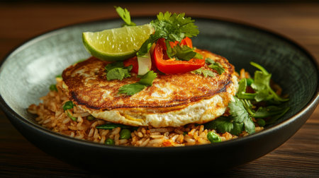 A vibrant plate of fried rice topped with a perfectly cooked egg, garnished with lime, cilantro, and red peppers, ideal for food lovers and culinary enthusiasts.の素材