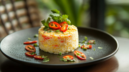 A beautifully presented savory rice dish garnished with fresh herbs and vibrant red chili slices, perfect for a culinary experience in an inviting setting.の素材