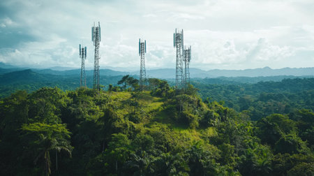 A stunning aerial view showcasing multiple communication towers atop a hill, surrounded by vibrant greenery and a dramatic cloudy sky in a tropical setting.の素材