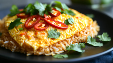 This enticing egg omelette, served on a bed of fluffy rice, is garnished with fresh cilantro and sliced chili peppers, making it a perfect comfort meal for any occasion.の素材