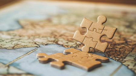 Two wooden puzzle pieces are showcased in sharp detail against an antique map, highlighting themes of connection, exploration, and intellectual challenge in a creative setting.の素材