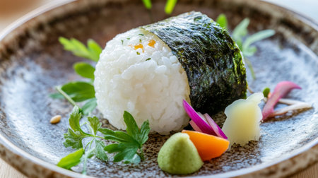 A beautifully arranged sushi roll served on an elegant plate with fresh herbs and colorful condiments, perfect for food lovers seeking vibrant culinary experiences.の素材