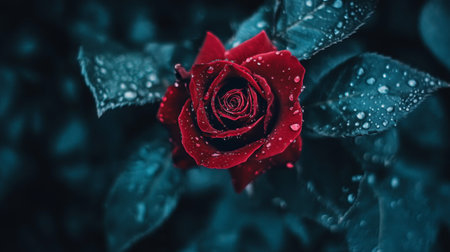 A stunning close-up of a vibrant red rose adorned with dew drops, surrounded by lush green leaves, set against a moody backdrop that enhances its natural beauty.の素材