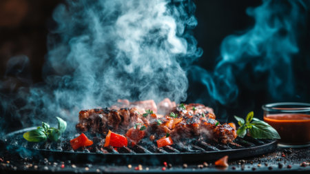Grilled meat skewers release aromatic smoke while surrounded by fresh vegetables and herbs. The flavorful dish is complemented by a spicy sauce, creating an enticing culinary scene.の素材