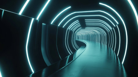 A mesmerizing view of a futuristic tunnel illuminated by glowing neon lights. The blend of darkness and bright curves creates an innovative atmosphere for creative projects.の素材