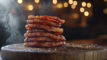 A visually appealing stack of crispy smoked bacon strips is displayed on a wooden board, with a dreamy bokeh background creating a mouthwatering atmosphere perfect for food lovers.の素材