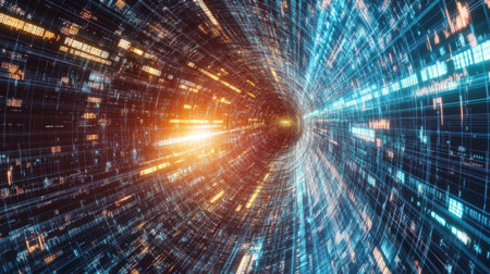Vivid illustration showcasing a high-speed data flow in a digital tunnel, representing technology and innovation in a vibrant, abstract setting with dynamic colors and light effects.の素材