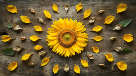 A stunning sunflower is beautifully displayed with scattered petals and leaves on a rustic wooden surface, evoking feelings of joy and natural beauty, perfect for capturing the essence of nature.の素材