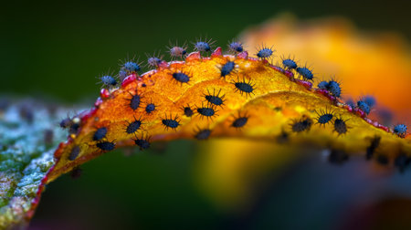 A striking close-up image showcasing an insect infestation on a vibrant leaf, revealing intricate details of tiny organisms and their colorful environment. Perfect for nature enthusiasts.の素材
