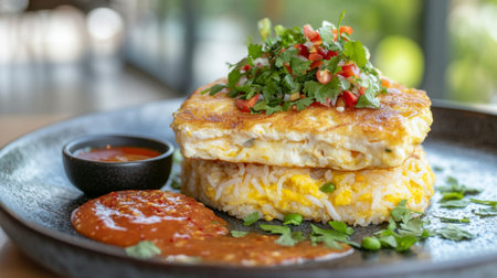 A beautifully arranged dish consisting of fluffy rice layered with a savory omelette, topped with fresh herbs and colorful garnish, served with a side of spicy sauce.の素材