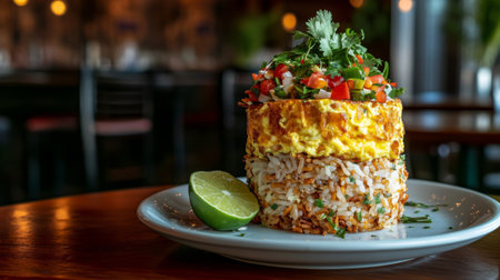 A vibrant and delicious layered dish featuring rice, omelette, and fresh salsa, beautifully garnished with cilantro and a lime slice on a stylish plate, perfect for any meal.の素材