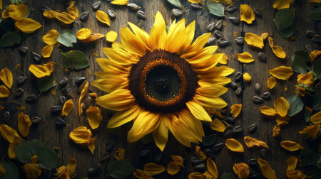 This captivating image features a radiant sunflower with vibrant petals surrounded by scattered seeds and petals on a rustic wooden surface, showcasing nature's beauty.の素材