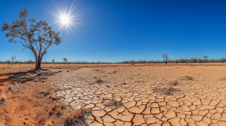 A stunning panorama showcasing a sunlit desert landscape with cracked earth and a solitary tree, illustrating the sheer beauty of arid environments in nature.の素材