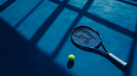 A minimalist view of a tennis racket and a yellow ball on a blue court, accentuated by dynamic shadows, ideal for showcasing sportsmanship and athleticism in visual storytelling.の素材