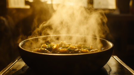 A steaming bowl of freshly cooked vegetables with herbs sits enticingly in a cozy kitchen, illuminated by warm light, highlighting the inviting culinary experience and fresh ingredients.の素材