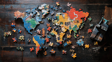 A vibrant world map puzzle scattered on a rustic wooden surface, inviting creativity and enjoyment to anyone eager to piece together continents and explore local geography.の素材