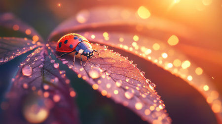 A stunning close-up of a ladybug resting on a dew-kissed leaf, illuminated by soft sunlight, creating a magical atmosphere ideal for nature and macro photography.の素材