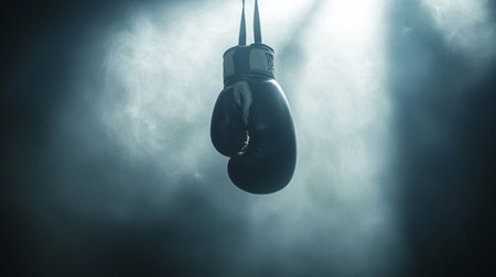 A striking image featuring a single boxing glove suspended in a smoky environment, evoking feelings of intensity, strength, and the spirit of competitive sports.の素材