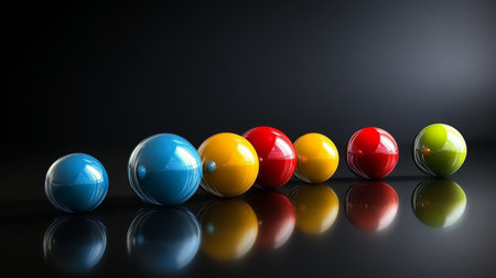 This image features a vibrant array of colorful spheres arranged neatly in a line on a smooth dark surface, creating a stunning visual effect with reflections and contrasts.の素材