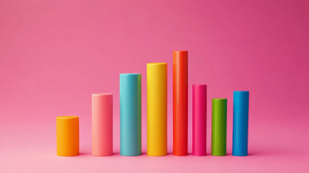 A vibrant arrangement of colorful cylinders on a bright pink background, perfect for creative projects, design displays, or educational purposes in a modern aesthetic.の素材