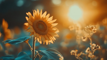 A stunning sunflower basks in the golden glow of sunset, showcasing its vibrant yellow petals against a blurred background, perfect for nature-themed projects and inspiration.の素材