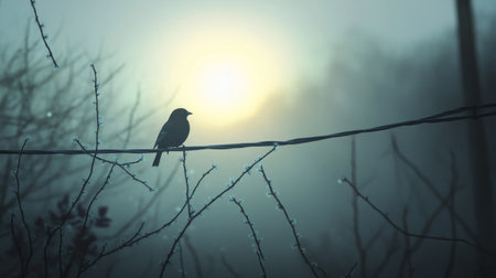 A serene silhouette of a bird perched on a branch against a soft-lit, misty sunrise, creating a peaceful and tranquil atmosphere in nature's embrace.の素材