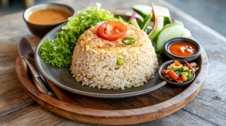 An inviting plate of fried rice adorned with vibrant vegetables and sauces, perfect for a satisfying meal in a cozy dining setting.の素材