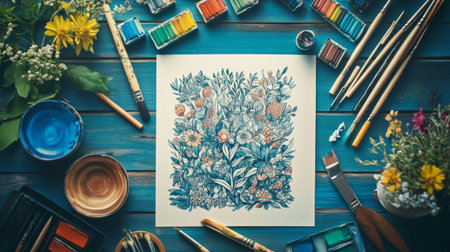 A beautiful floral watercolor painting sits on a rustic blue wooden table, surrounded by art supplies, brushes, and vibrant colors, creating an inspiring and creative atmosphere.の素材