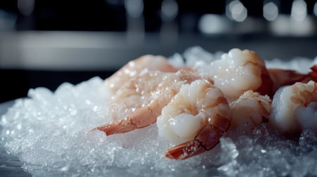 A visually striking image of fresh raw shrimp displayed on ice, emphasizing the natural beauty and freshness of seafood perfect for culinary and gourmet recipes.の素材