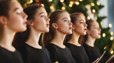 Young female singers perform a beautiful Christmas carol under sparkling festive lights, creating a warm holiday atmosphere filled with joy and musical talent.の素材