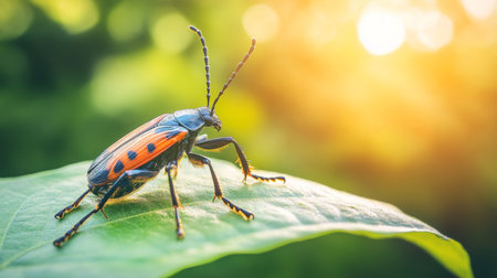 A vibrant beetle rests on a green leaf, illuminated by warm sunlight. This close-up showcases the intricate details and colors that highlight the beauty of the natural world.の素材