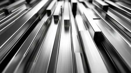 Captivating abstract image showcasing shiny metal bars in a dynamic arrangement, emphasizing reflections and depth for a modern industrial aesthetic.の素材