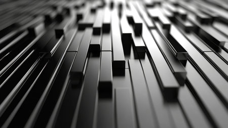 Dynamic black and white abstract design featuring varied stripes and rectangles, offering a modern aesthetic ideal for backgrounds and visual projects.の素材