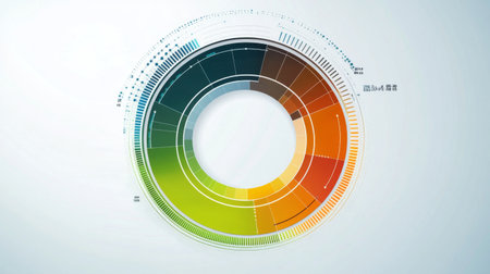 This vibrant circular data visualization features a spectrum of colors displaying statistical information, designed to enrich understanding of complex datasets in a modern aesthetic.の素材