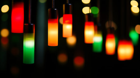A stunning array of colorful hanging lights creates a mesmerizing atmosphere with glowing red, green, orange, and yellow tones, ideal for enhancing any festive or artistic environment.の素材
