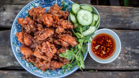 Indulge in a plate of crispy fried chicken wings accompanied by fresh cucumber slices and a vibrant spicy dipping sauce, perfect for any gathering or meal.の素材