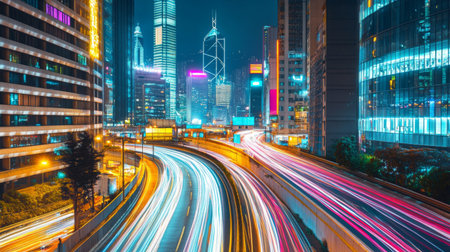 A stunning night view of Hong Kong showcasing vibrant light trails from passing vehicles, framed by the iconic skyline and dynamic urban scenery that highlights the city's bustling energy.の素材