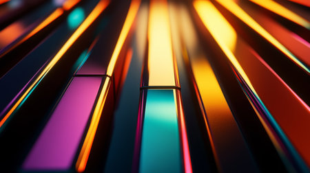 Explore a stunning abstract background featuring vibrant stripes illuminated by colorful lights, creating a dynamic visual experience ideal for various creative projects.の素材