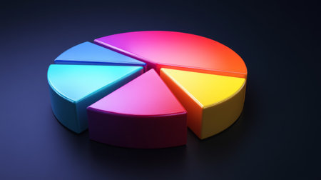 A striking pie chart featuring colorful segments in blue, pink, yellow, and purple against a dark background, ideal for presentations, data visualization, and creative projects.の素材