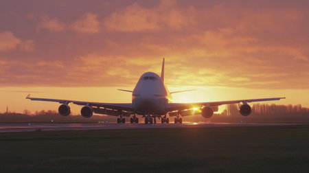 A stunning airplane prepares for takeoff at sunset, surrounded by dramatic clouds and vibrant colors. This image captures the essence of travel and adventure in aviation.の素材