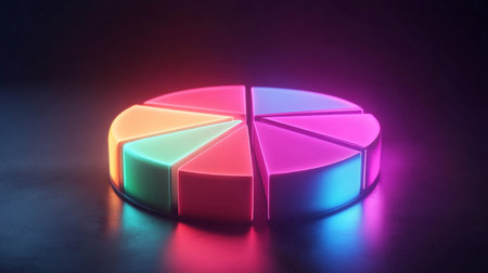 A striking neon pie chart with colorful segments glows against a dark background, ideal for showcasing data analysis, trends, or modern marketing concepts in visual design.の素材