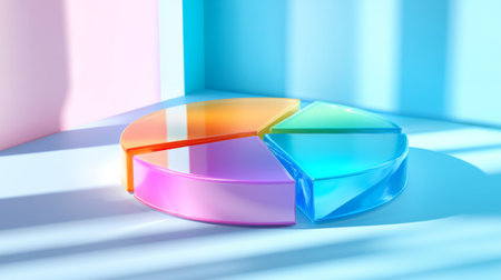 This vibrant and artistic pie chart combines transparency and color to illustrate data visualization concepts in a modern and playful design setting.の素材