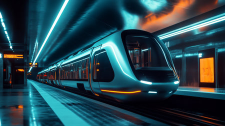 A sleek subway train stands ready at a modern metro station illuminated by vibrant neon lights, highlighting the future of urban public transportation experience.の素材