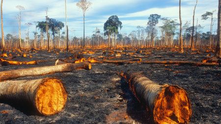 A striking image depicting the grim results of deforestation, showcasing burnt trees and a desolate landscape, highlighting urgent ecological concerns and the impact on biodiversity.の素材