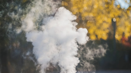 A mysterious and enchanting scene featuring thick white steam rising gracefully against the backdrop of bright autumn colors, evoking a sense of tranquility and beauty.の素材
