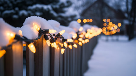 A serene winter scene featuring a snowy fence adorned with glowing holiday lights, creating a cozy and inviting atmosphere perfect for festive celebrations.の素材