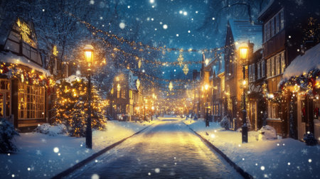 A beautiful winter scene showcasing a snowy street illuminated by festive lights and lanterns, creating a magical and tranquil village atmosphere at night.の素材