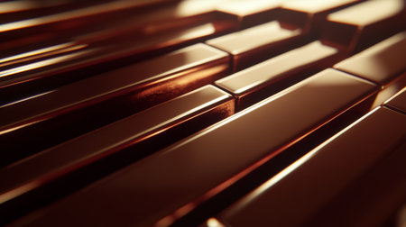 Close-up view of polished brown metallic bars creating an abstract and artistic surface pattern that reflects light beautifully, ideal for backgrounds and modern designs.の素材